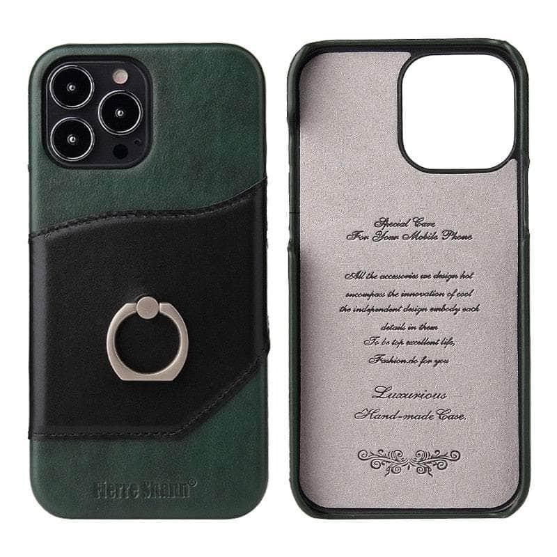 360° iPhone 15 Plus Ring Kickstand Real Leather Cover