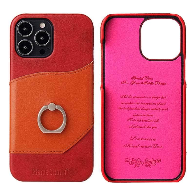 360° iPhone 15 Plus Ring Kickstand Real Leather Cover