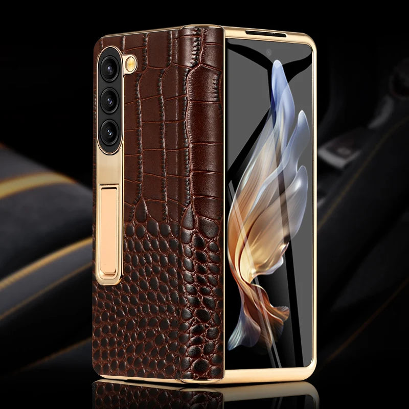 Real Leather Galaxy Z Fold 6 Hinge Kickstand Cover