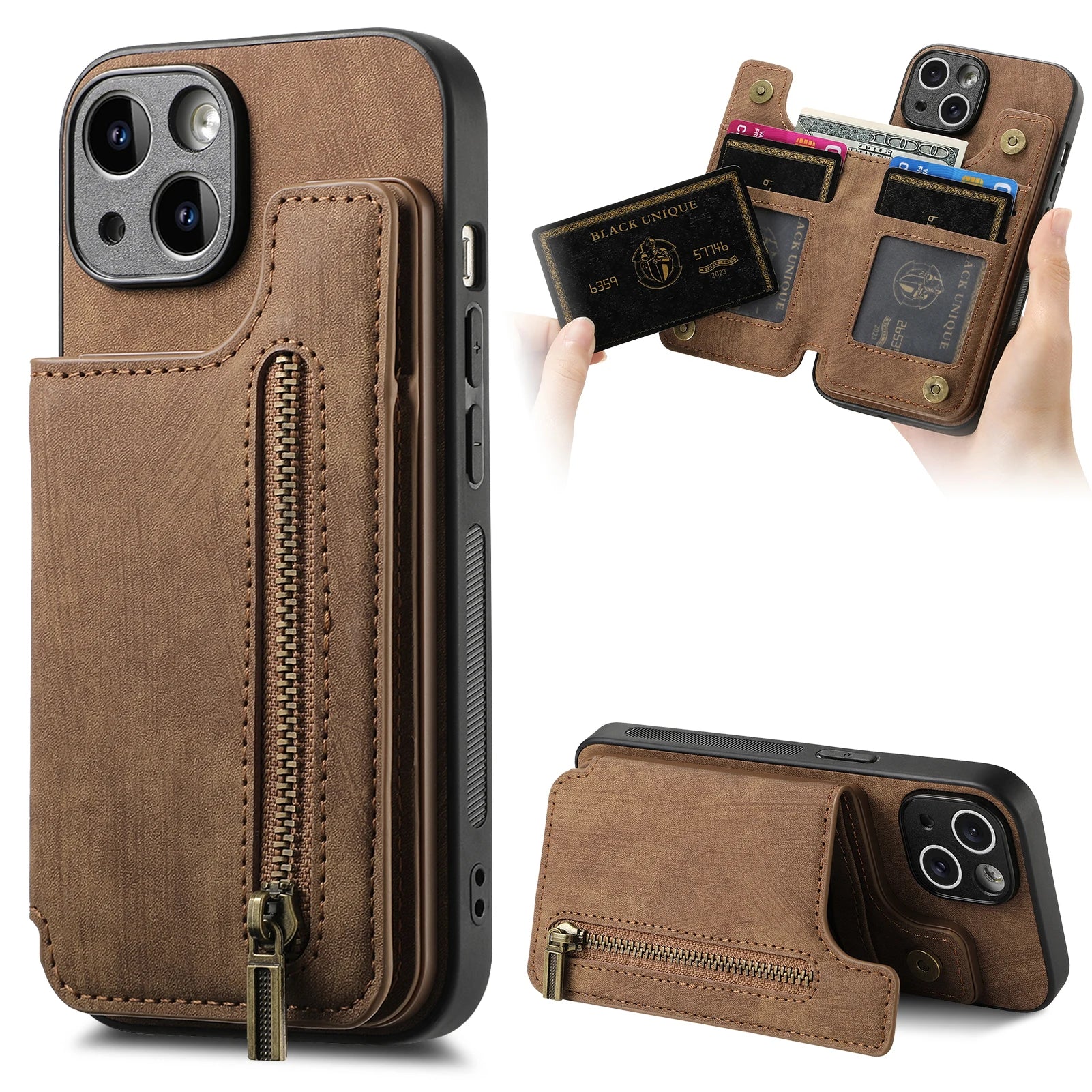 iPhone 16 Pro Max Zipper Cards Wallet Vegan Leather Case