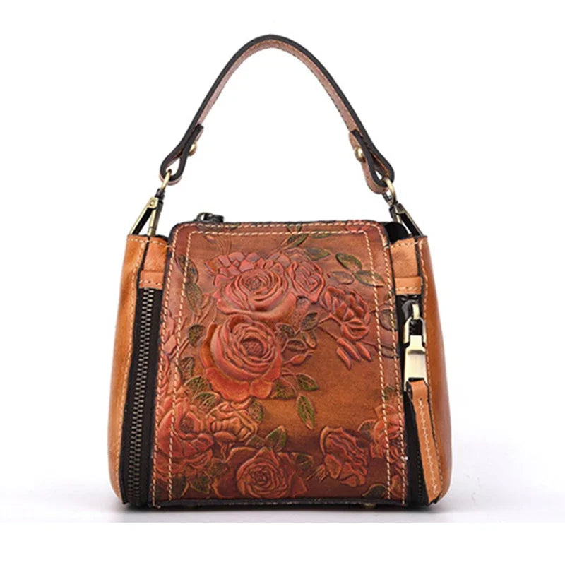 Flower Pattern Genuine Leather Women Handbag