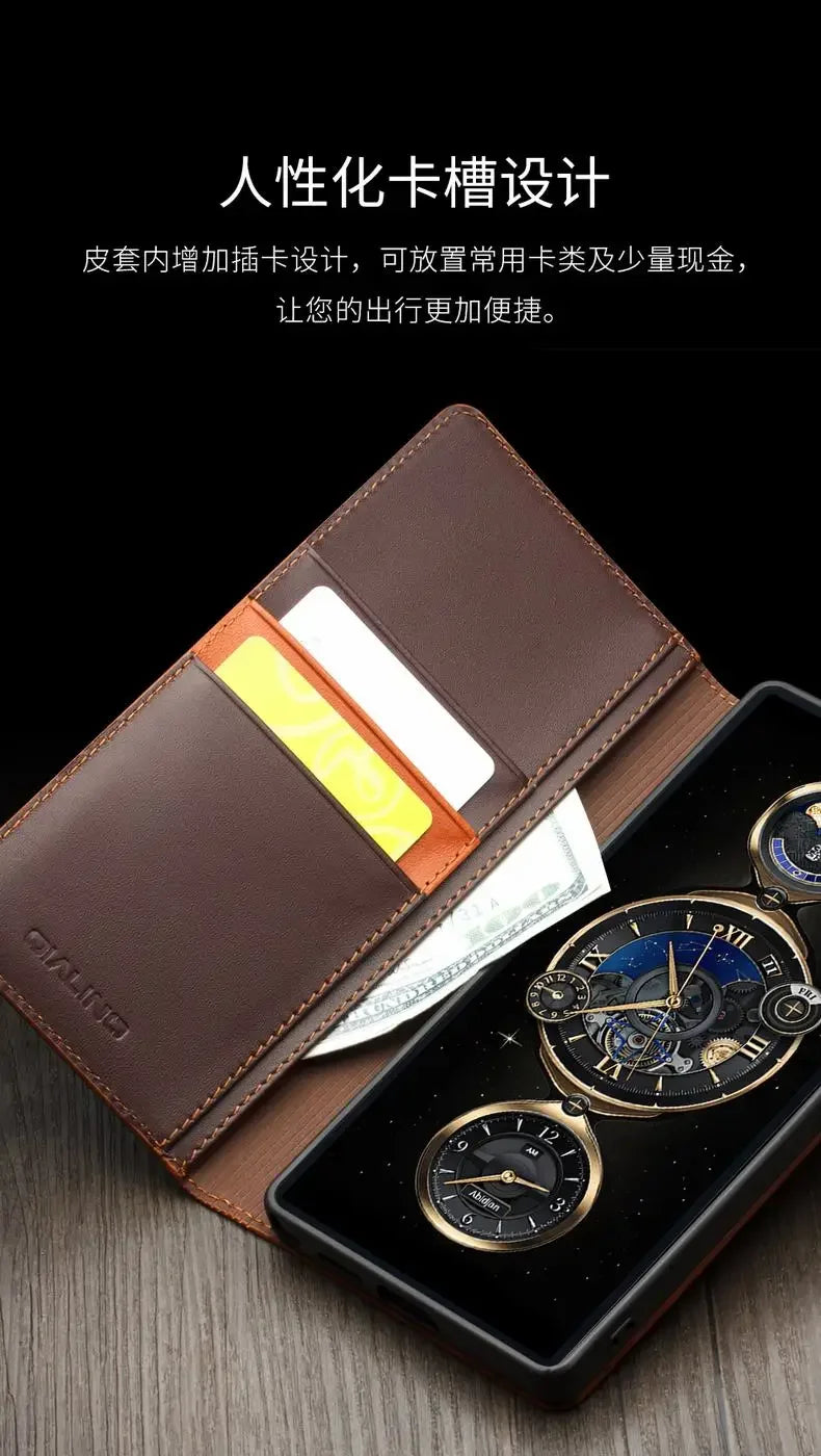 Galaxy S25 Plus Qialino Genuine Leather Flip Retro Wallet