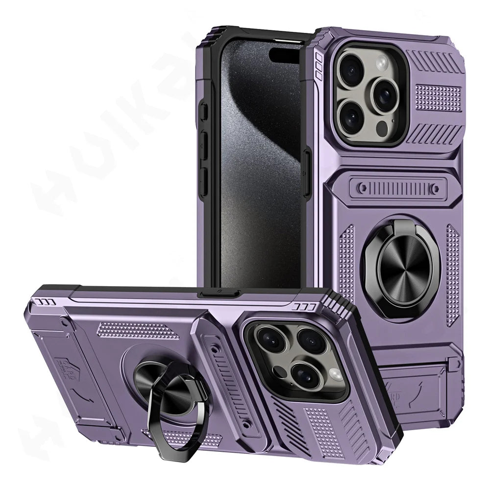 iPhone 16 Plus Rotated Ring Kickstand Heavy Duty Armor Wallet Case