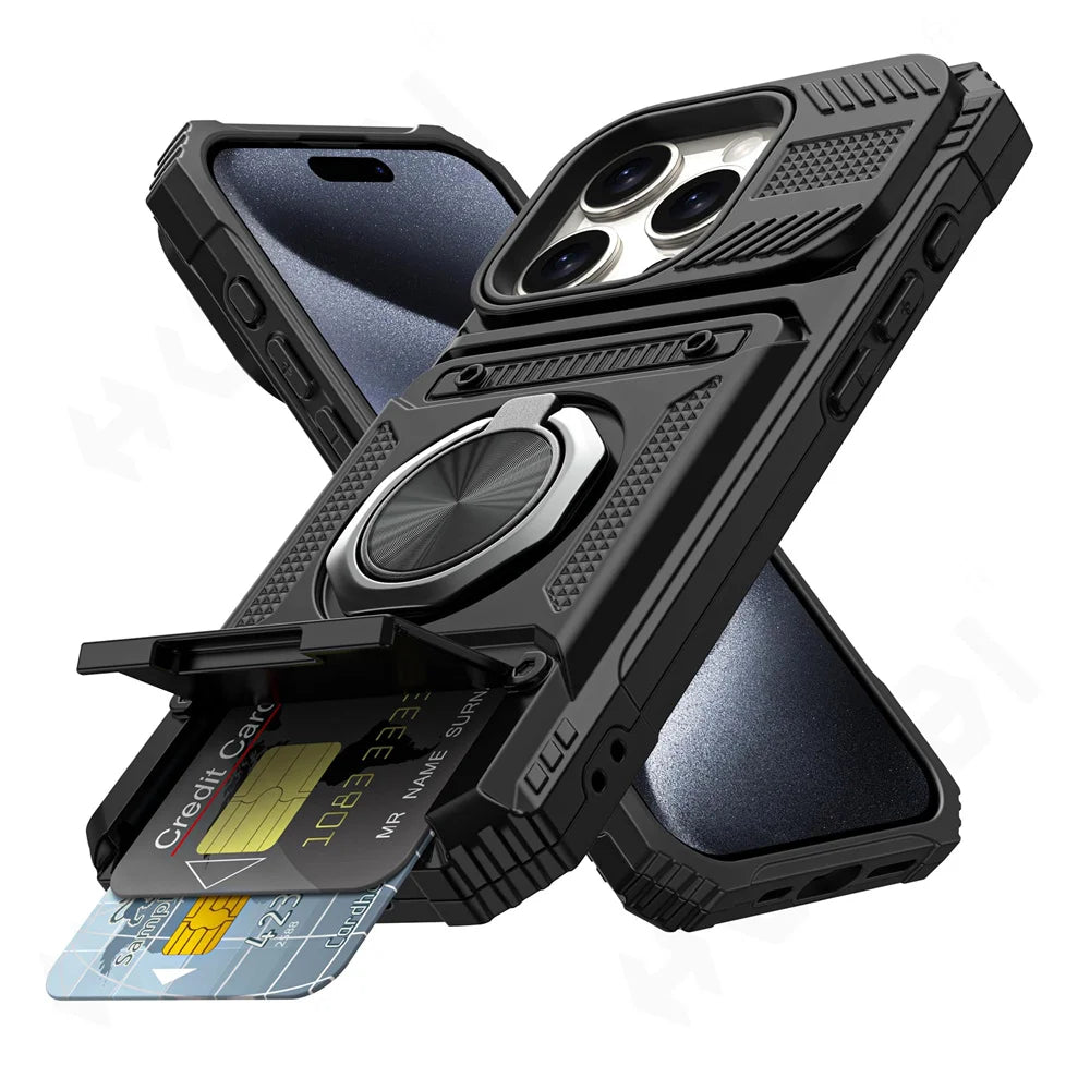 iPhone 16 Rotated Ring Kickstand Heavy Duty Armor Wallet Case