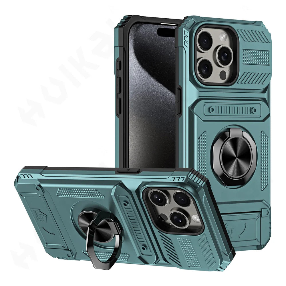 iPhone 16 Rotated Ring Kickstand Heavy Duty Armor Wallet Case