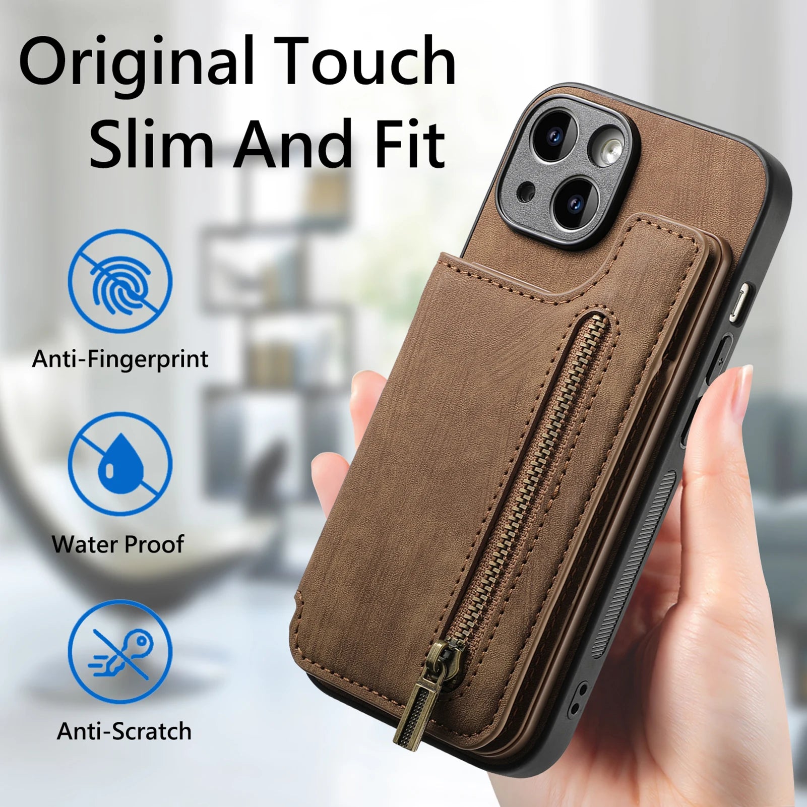 iPhone 16 Pro Max Zipper Cards Wallet Vegan Leather Case