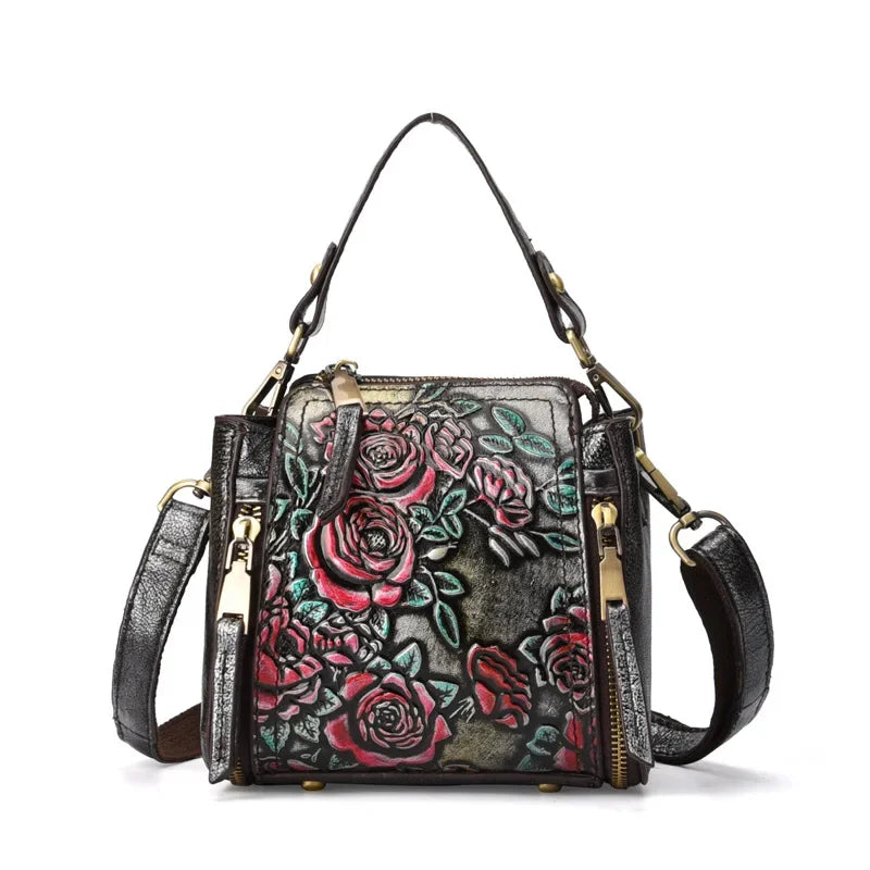 Flower Pattern Genuine Leather Women Handbag