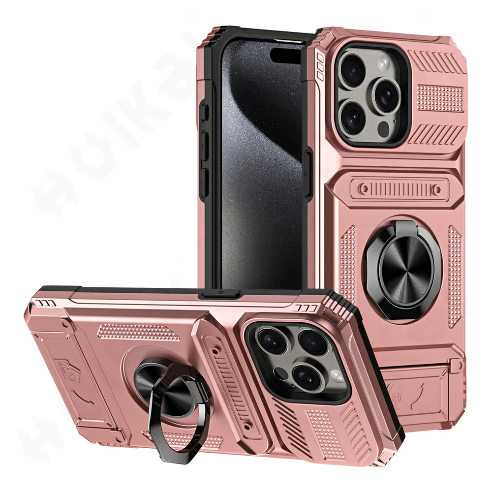 iPhone 16 Rotated Ring Kickstand Heavy Duty Armor Wallet Case