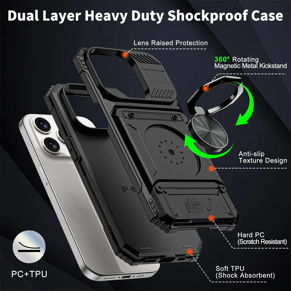 iPhone 16 Plus Rotated Ring Kickstand Heavy Duty Armor Wallet Case