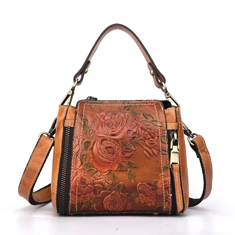 Flower Pattern Genuine Leather Women Handbag