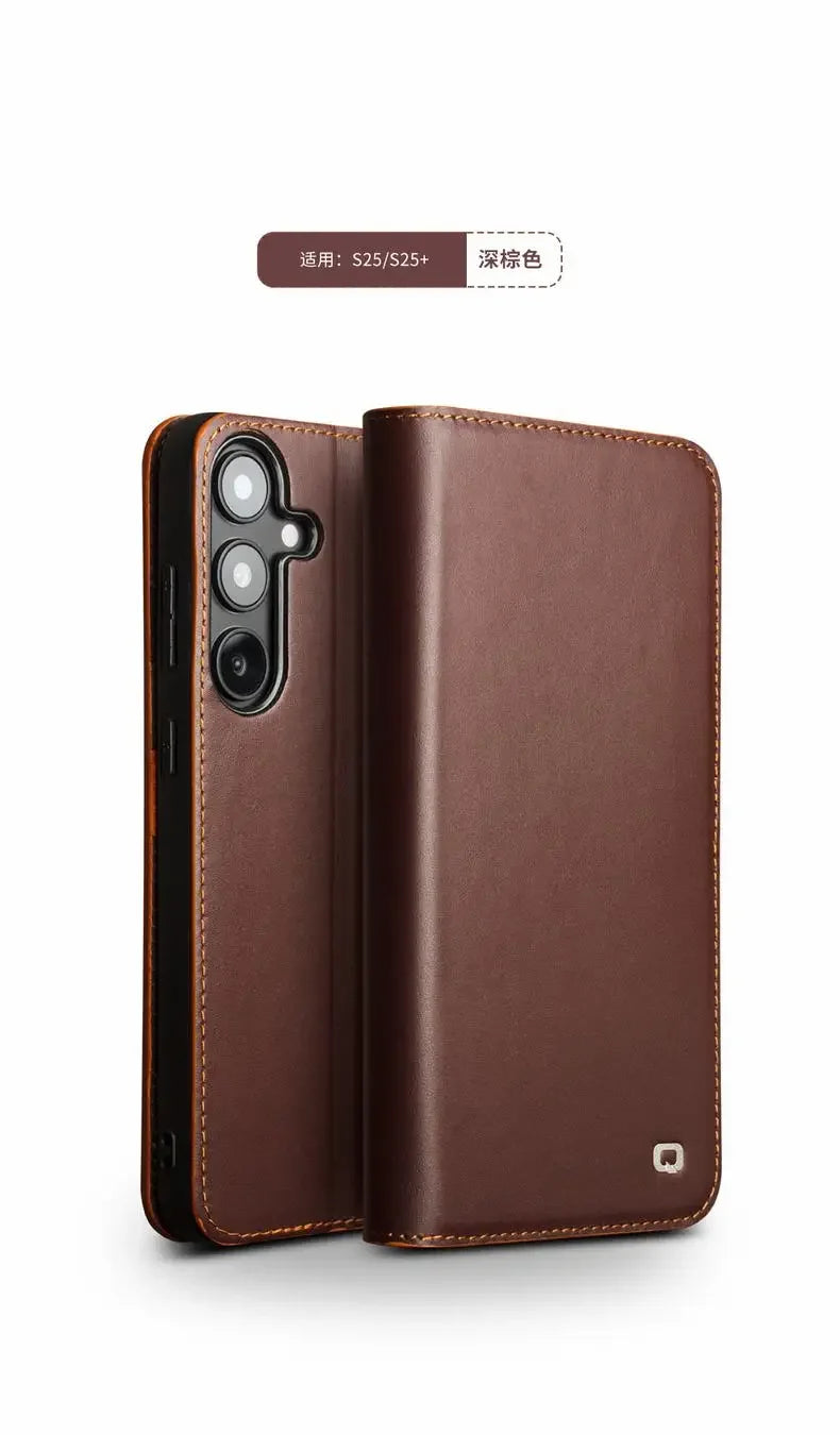 Galaxy S25 Ultra Qialino Genuine Leather Flip Retro Wallet