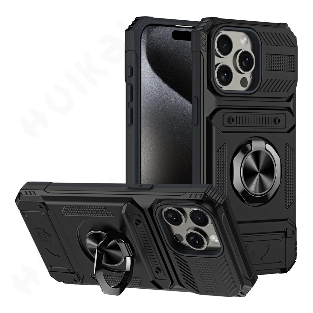 iPhone 16 Rotated Ring Kickstand Heavy Duty Armor Wallet Case