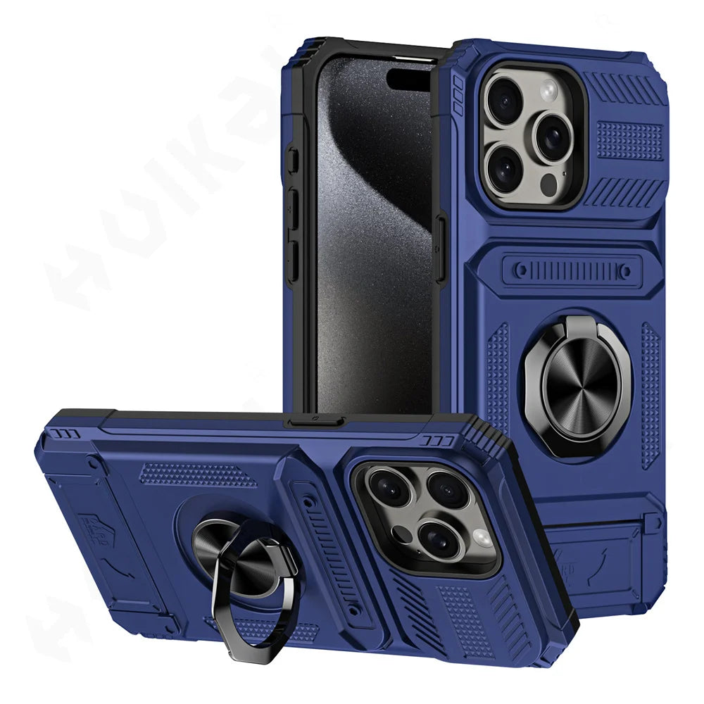 iPhone 16 Rotated Ring Kickstand Heavy Duty Armor Wallet Case