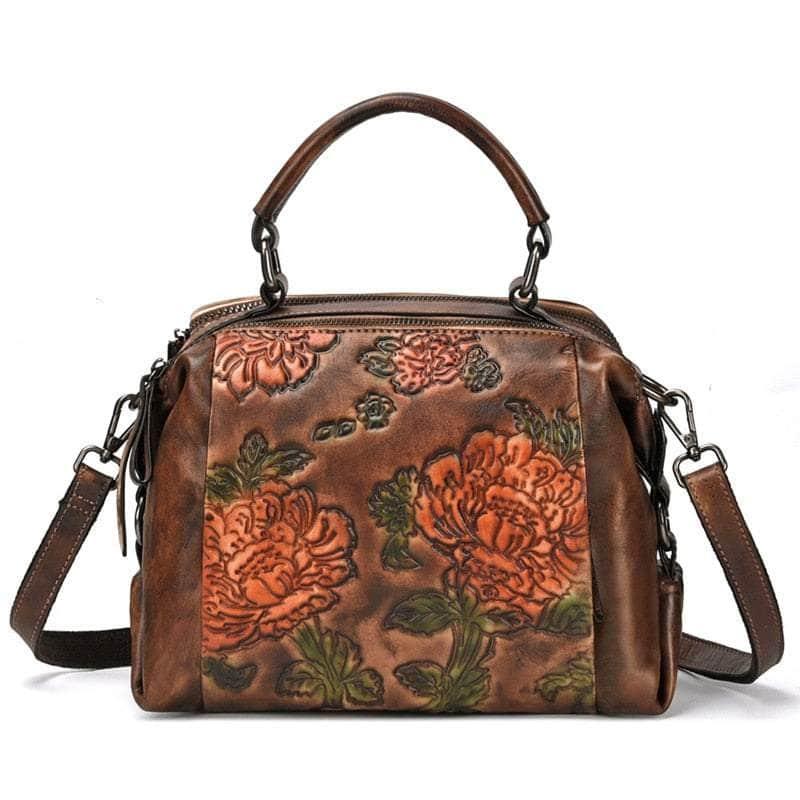 Casebuddy Red Flower Pattern Genuine Leather Women Handbag